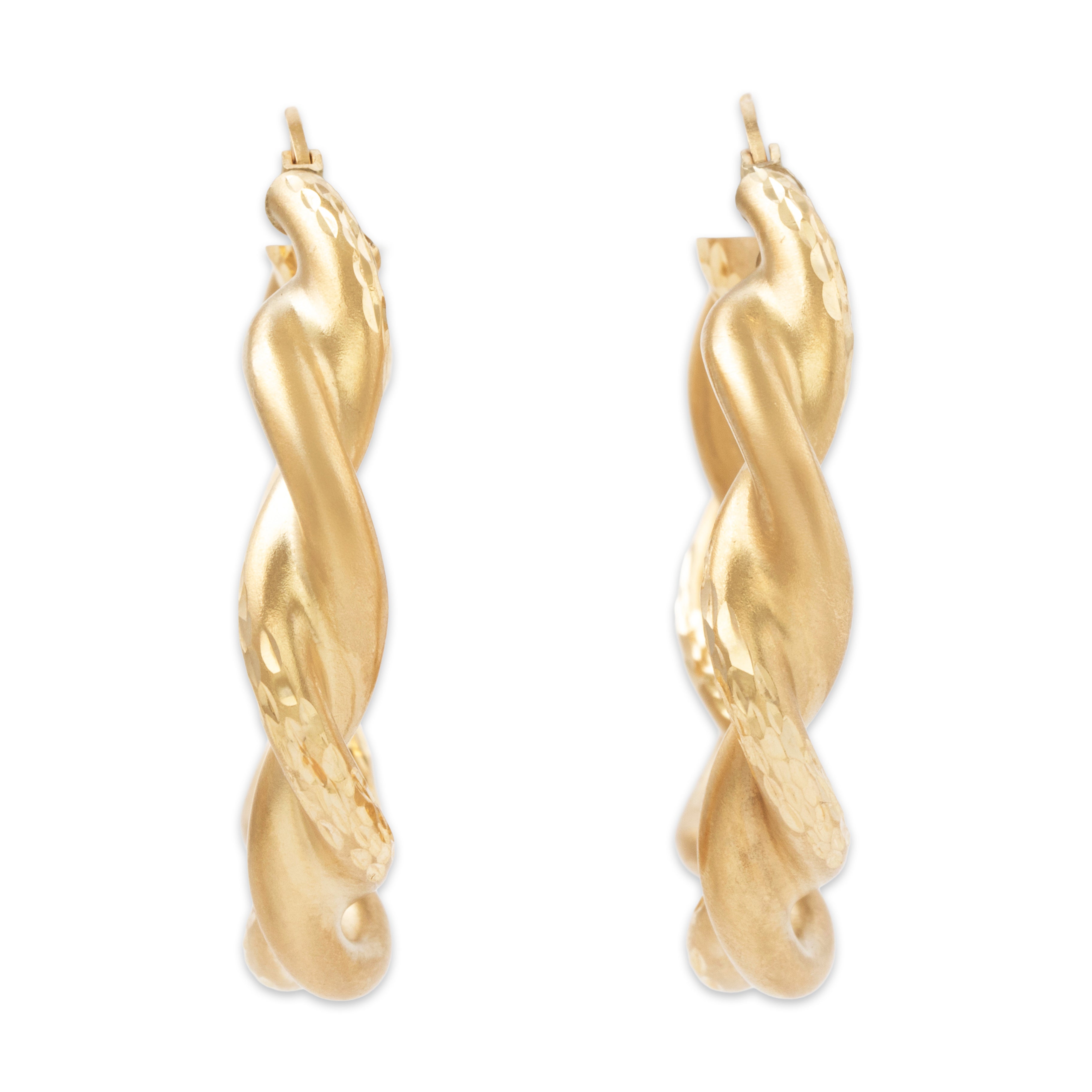 Vintage Large 14k Yellow Gold Satin Sparkling Twists Hoop Earrings、mySite、hinf8tx79