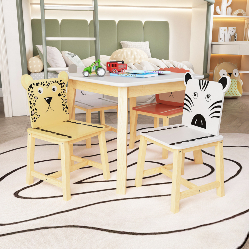 Kids Table and 2 Chairs Set, 3 Pieces Toddler Table and Chair Set, Wooden Activity Play Table Set (Lion&Monkey)、、casual