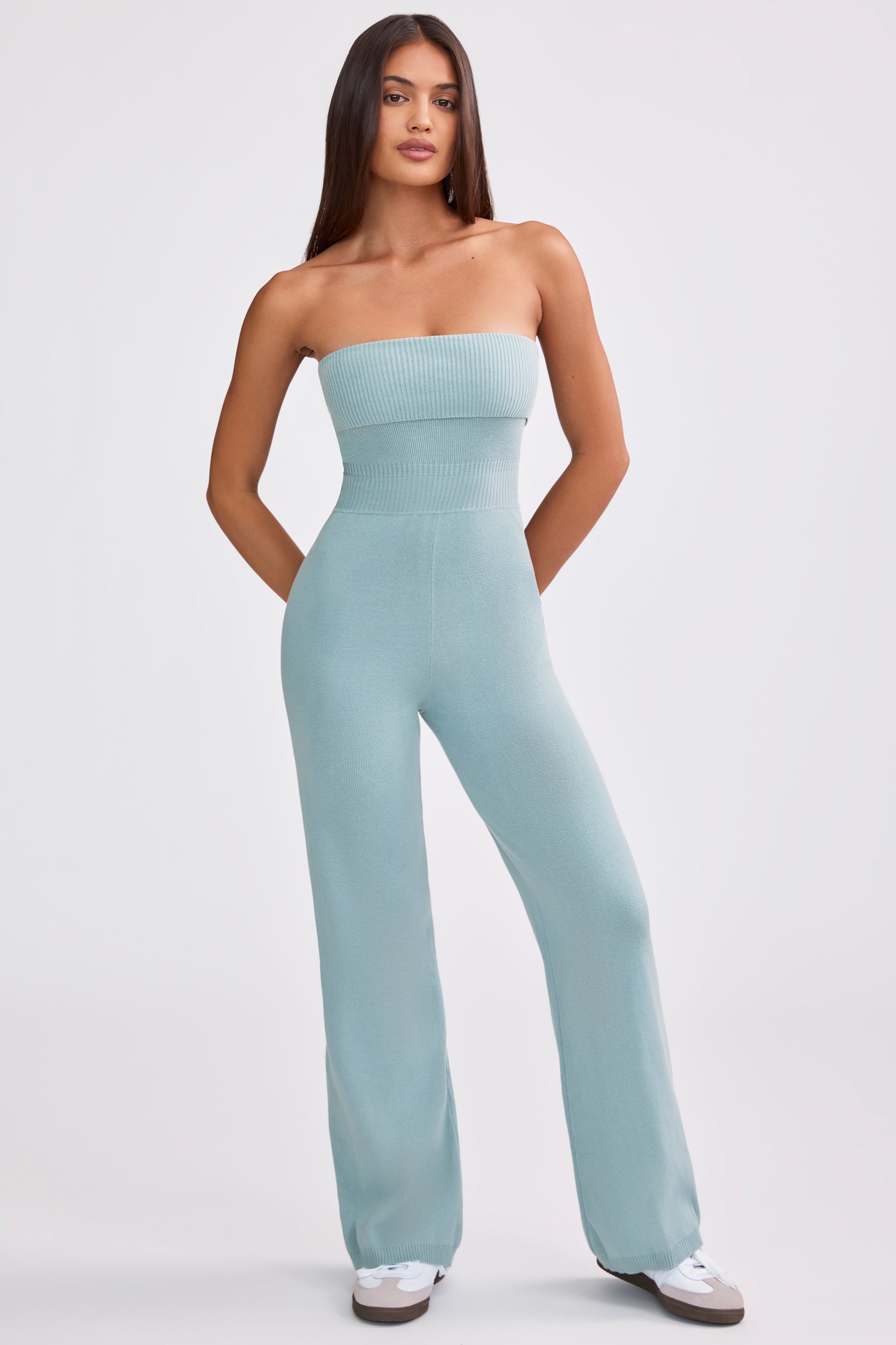 Bandeau Kick Flare Chunky Knit Jumpsuit in Dusty Teal、mySite、solidvoid
