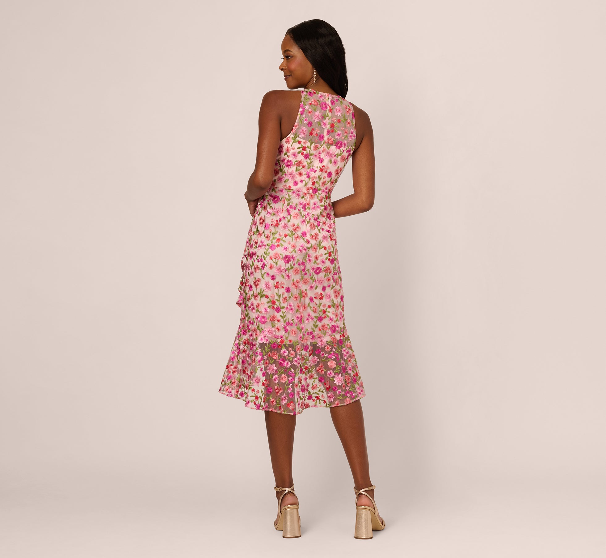Floral Embroidered Flounce Halter Dress In Pink Multi、mySite、solidvoid