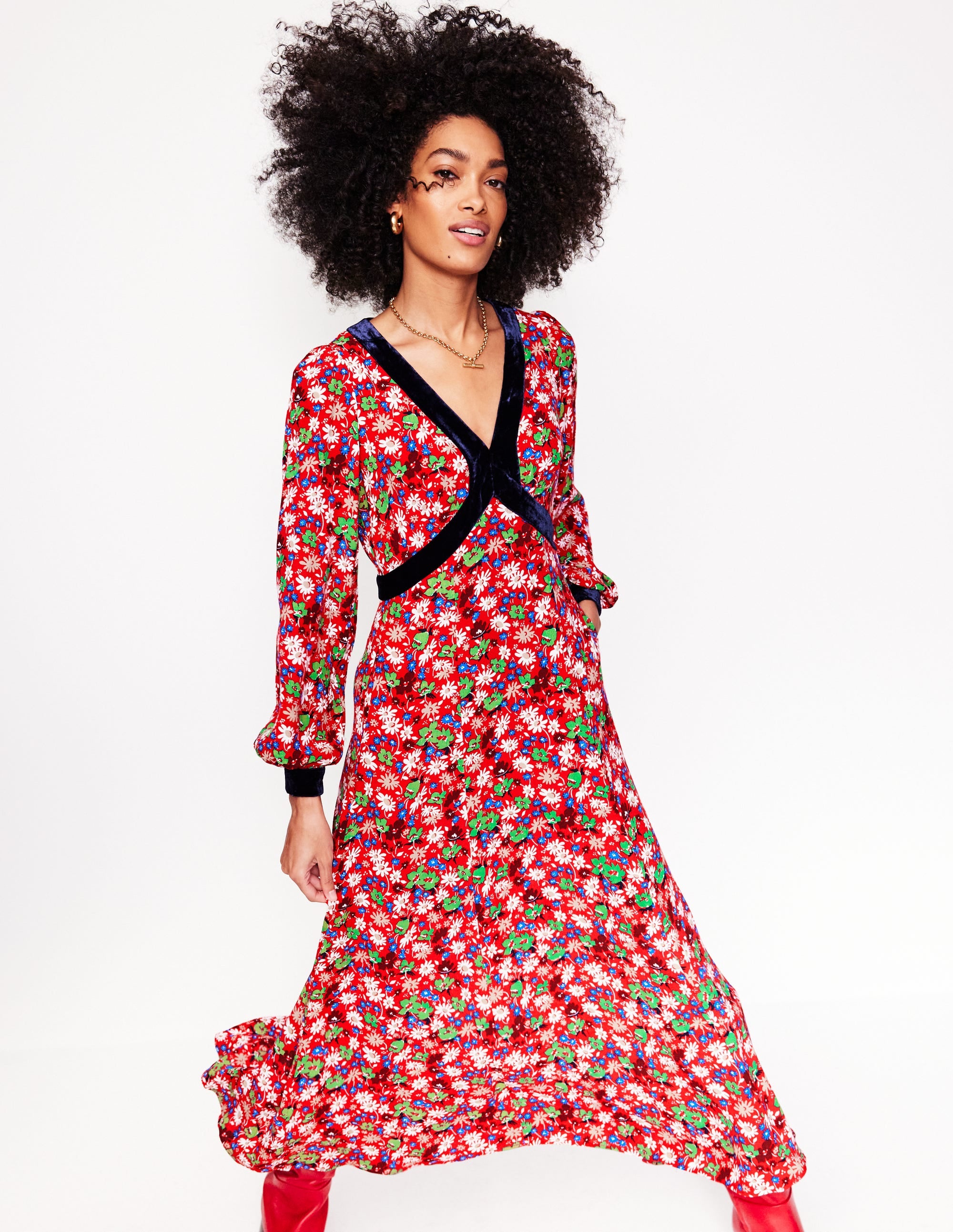  Velvet Trim Maxi Tea Dress-Bright Ruby, Floral Burst、mySite、ashleygrahame