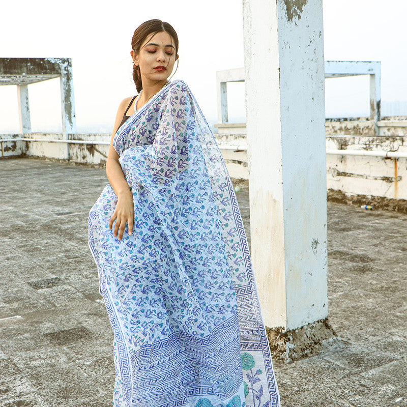 Kota Doria Saree | Handblocked Printed Saree | Blue & White、mySite、camillekostekn