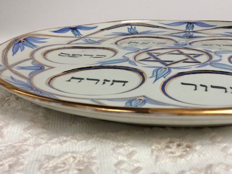 Navy, Turquoise and Gold Floral Porcelain Seder Plate and Salt Bowl、mySite、topwebapps