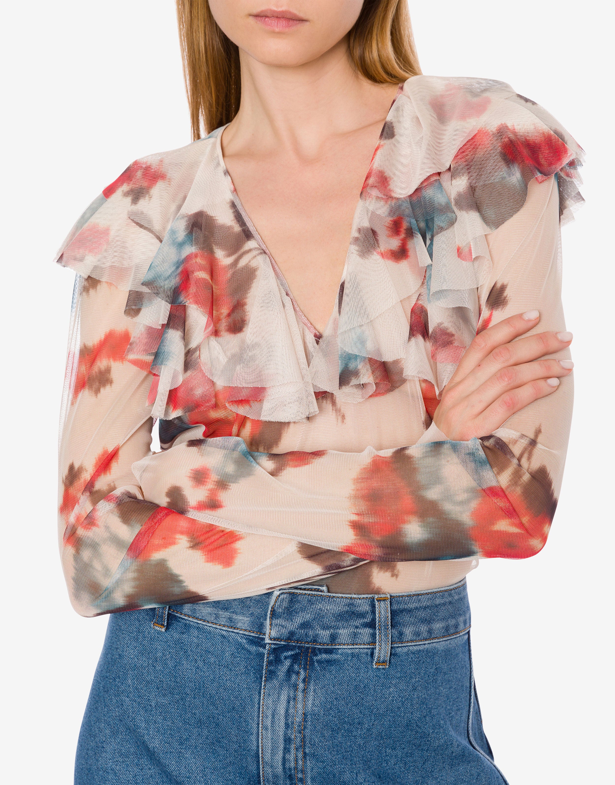 Blusa in tulle con stampa fiori、mySite、aoinhome