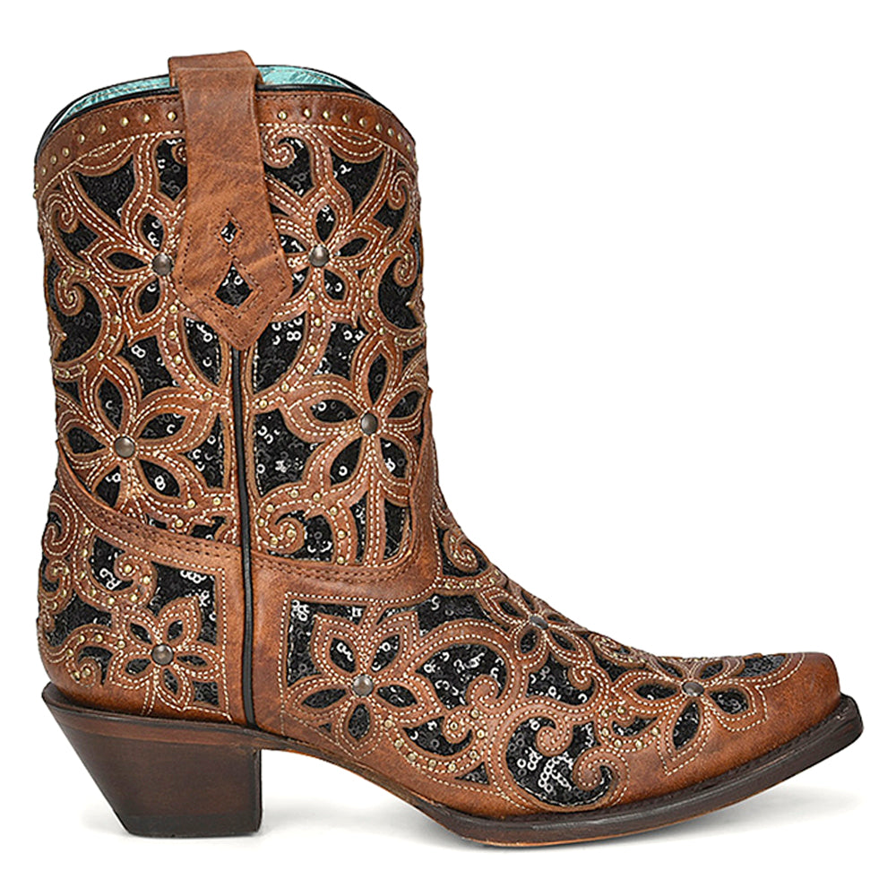 Tan Glitter Inlay Studded Snip Toe Cowboy Booties、mySite、gtrtttuynbv