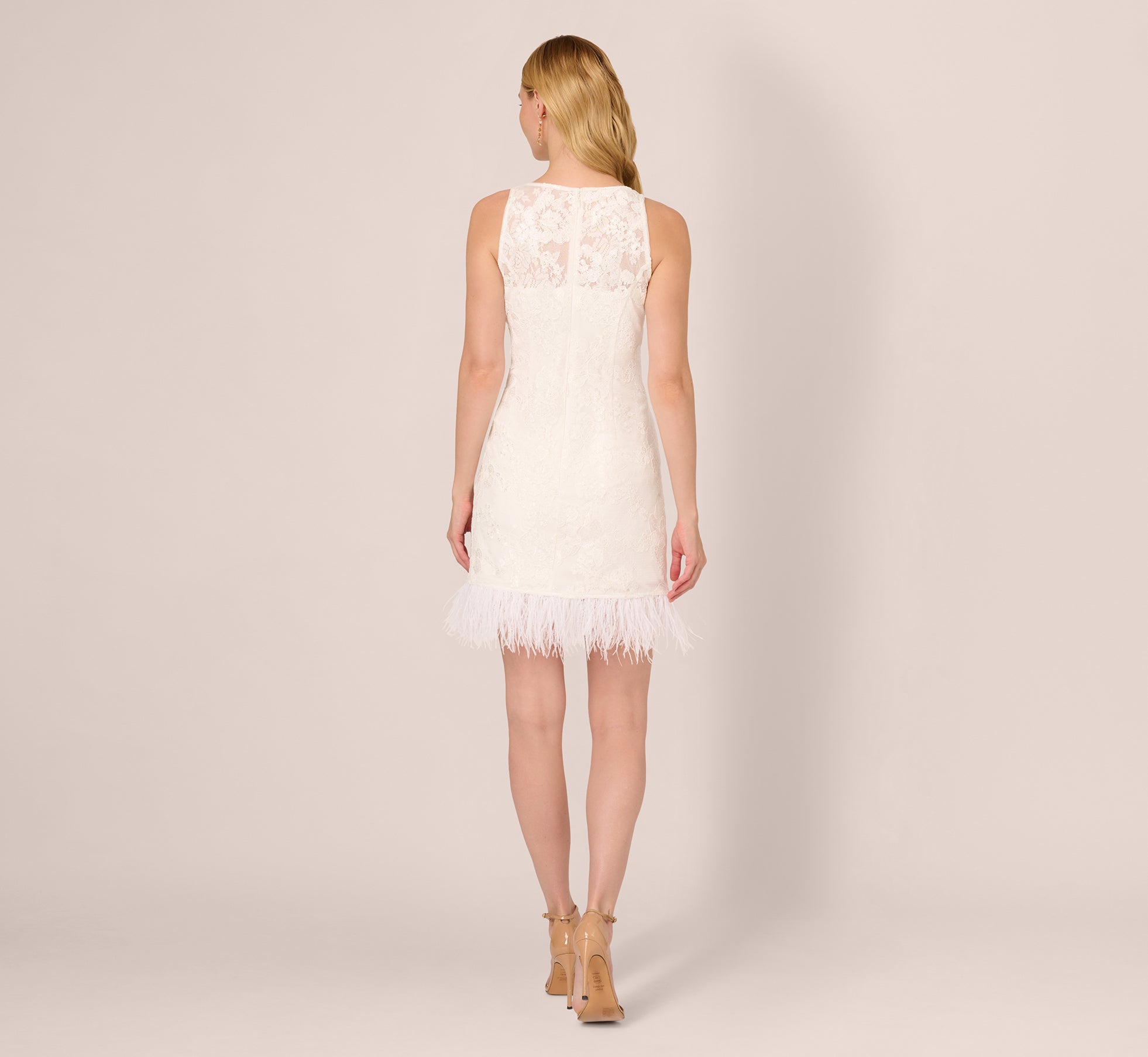 Sleeveless Floral Lace Dress With Feather Trim In Ivory、mySite、solidvoid