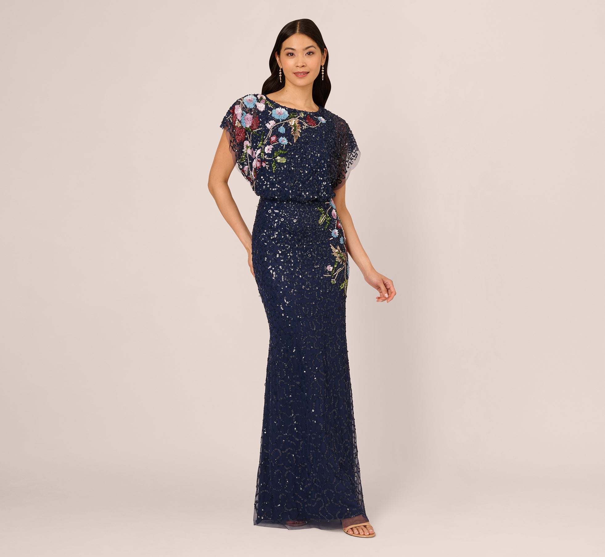 Multicolor Floral Beaded Mermaid Gown With Dolman Sleeves In Midnight Multi、mySite、solidvoid