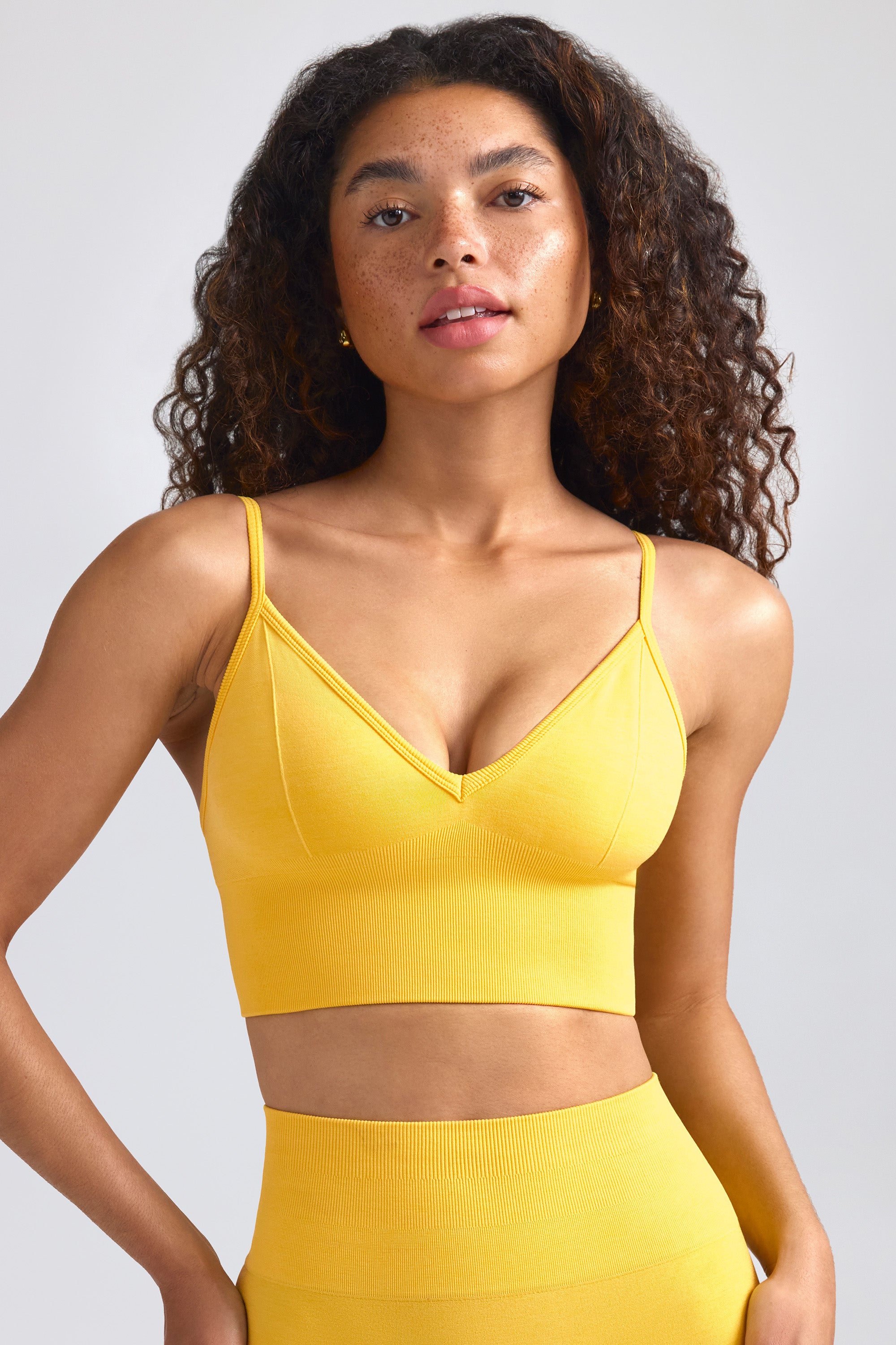 Define Luxe V-Neck Sports Bra in Golden Yellow、mySite、solidvoid