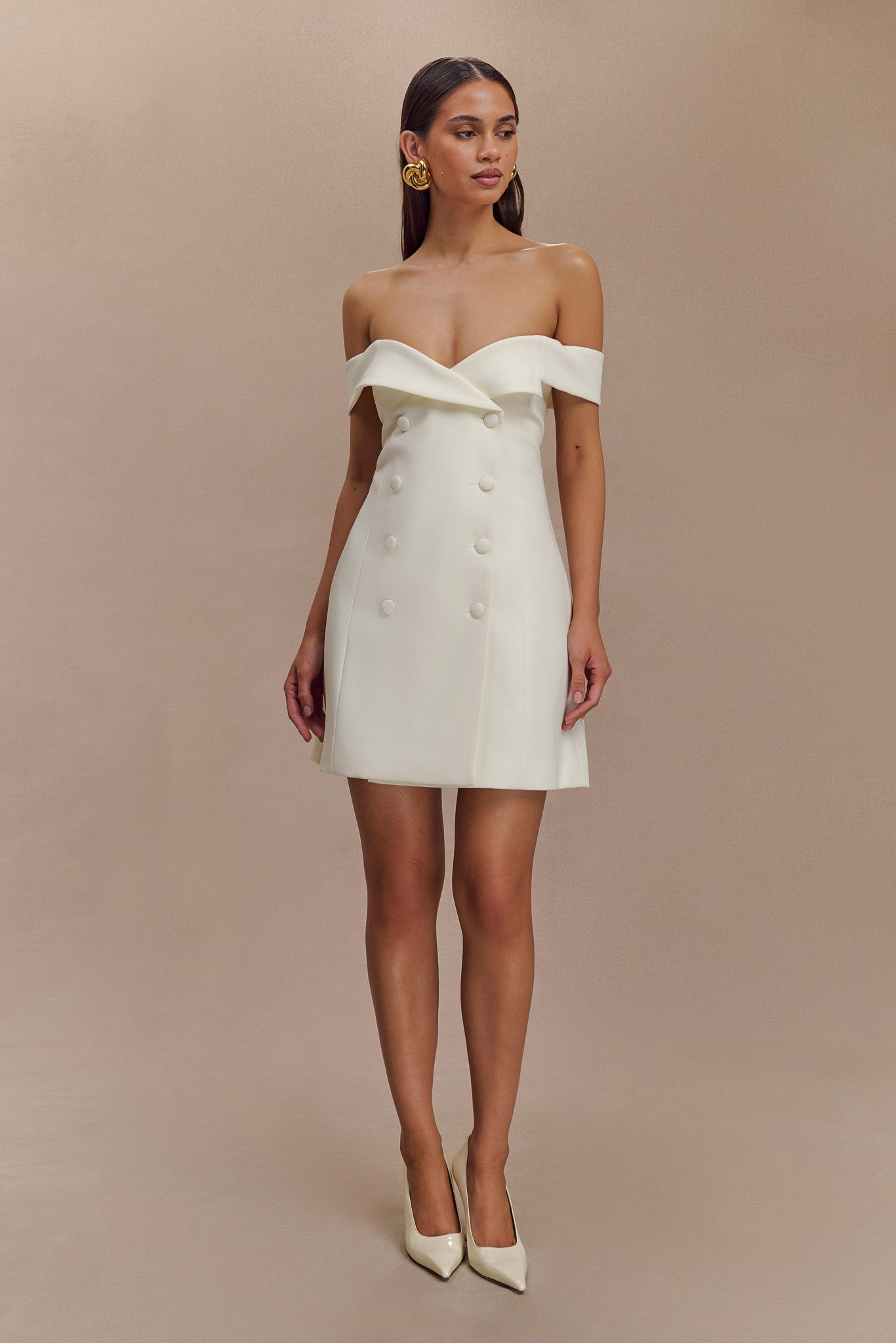 Noelle Off Shoulder Suiting Mini Dress - Ivory、mySite、solidvoid