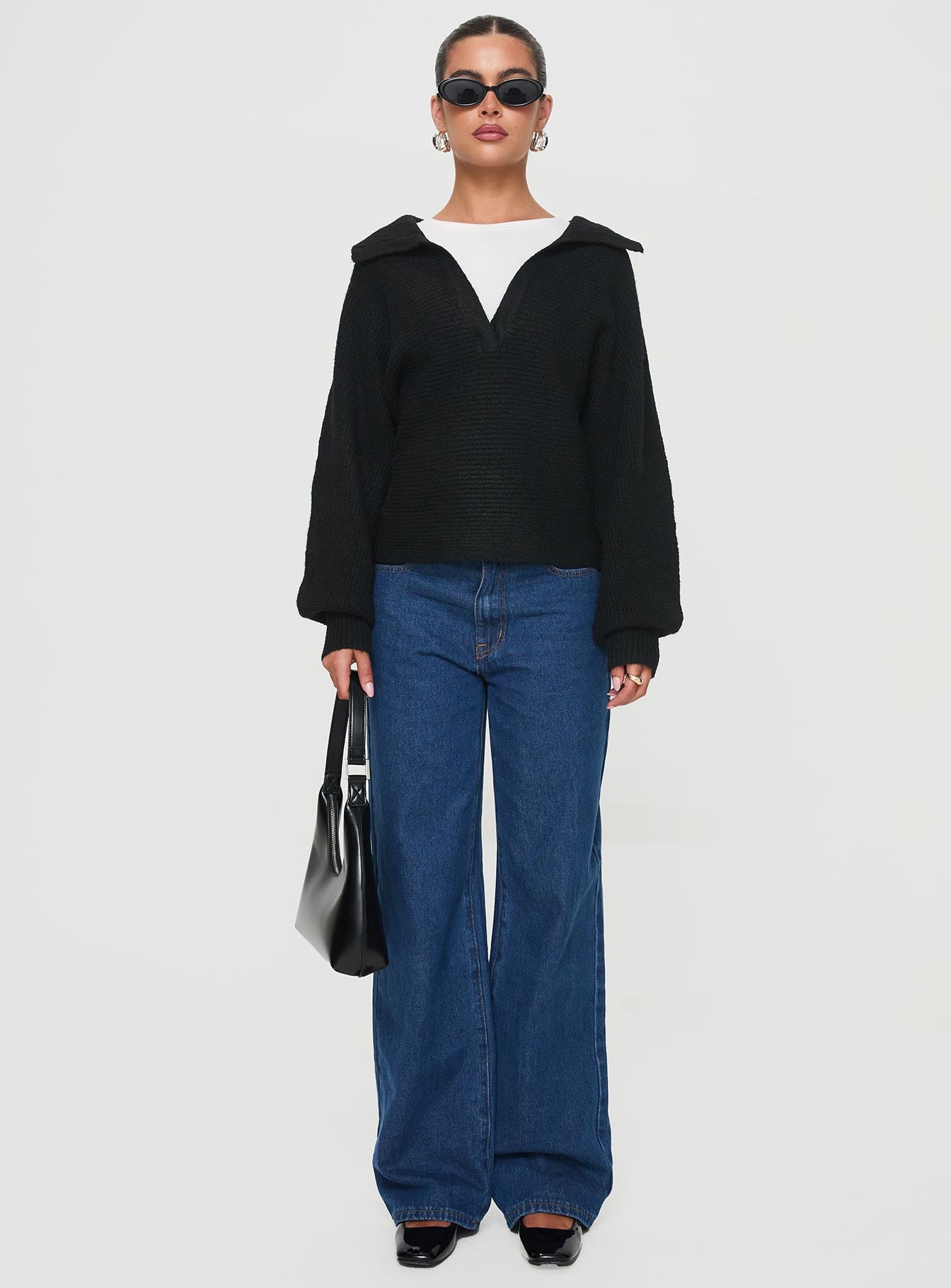 Bella Notched Neck Sweater Black、mySite、solidvoid