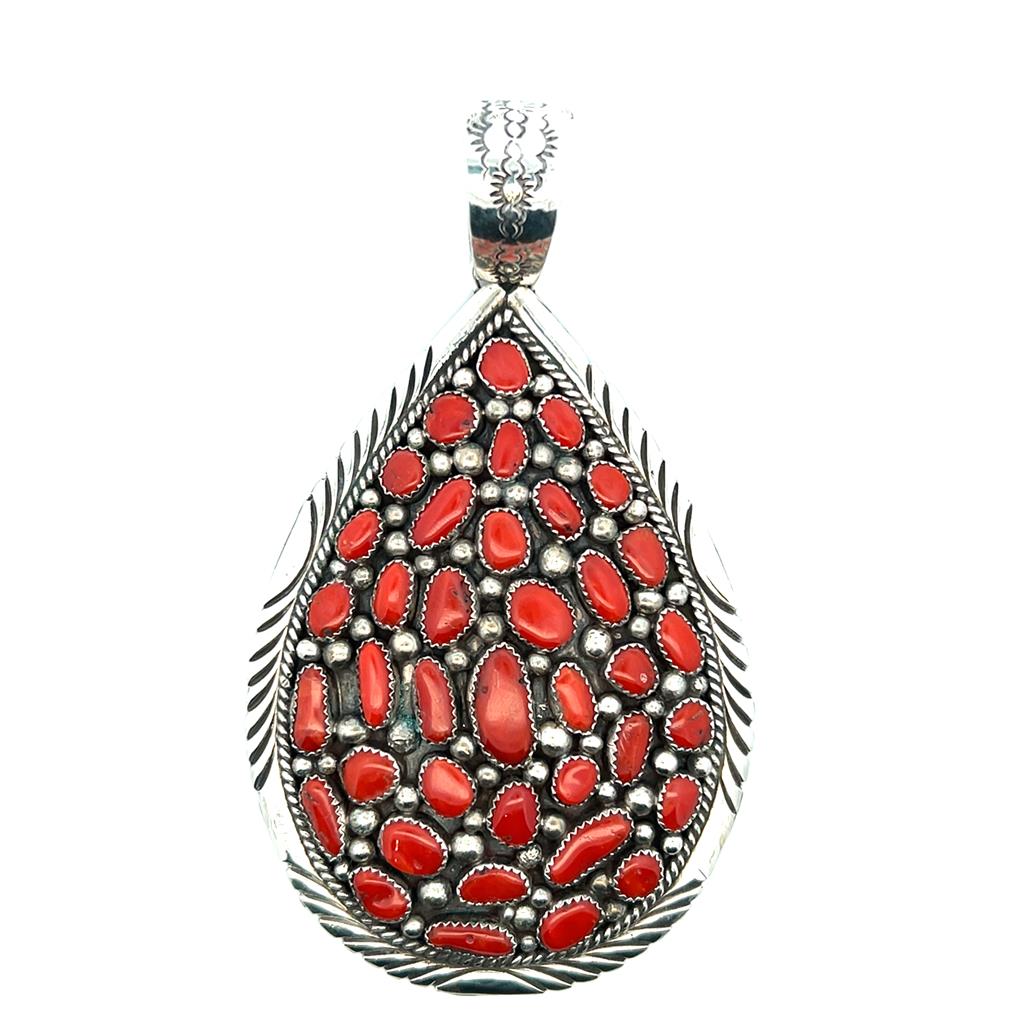  Estate Sterling Silver Coral Teardrop Pendant
