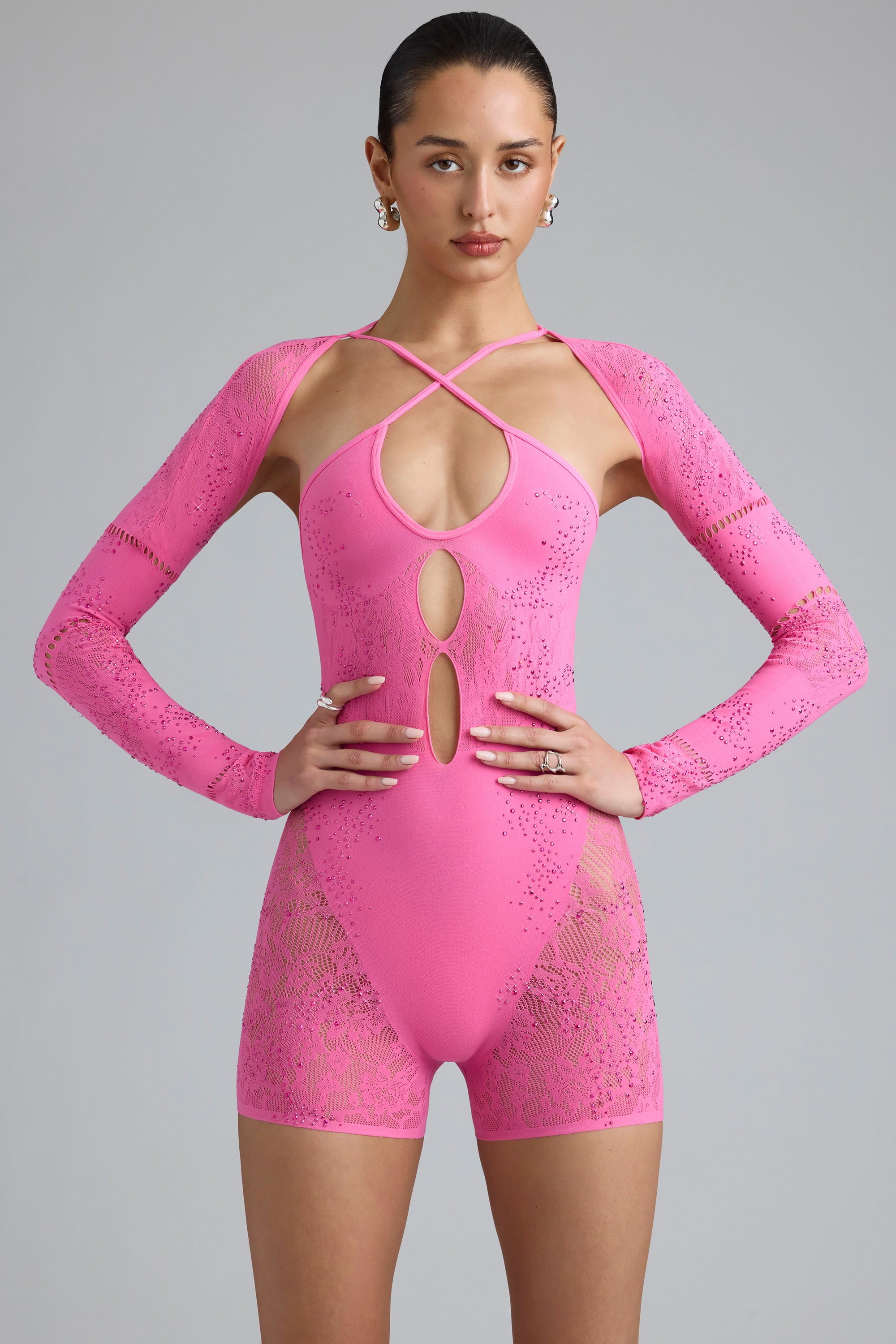 Embellished Cut-Out Unitard in Bubblegum Pink、mySite、solidvoid