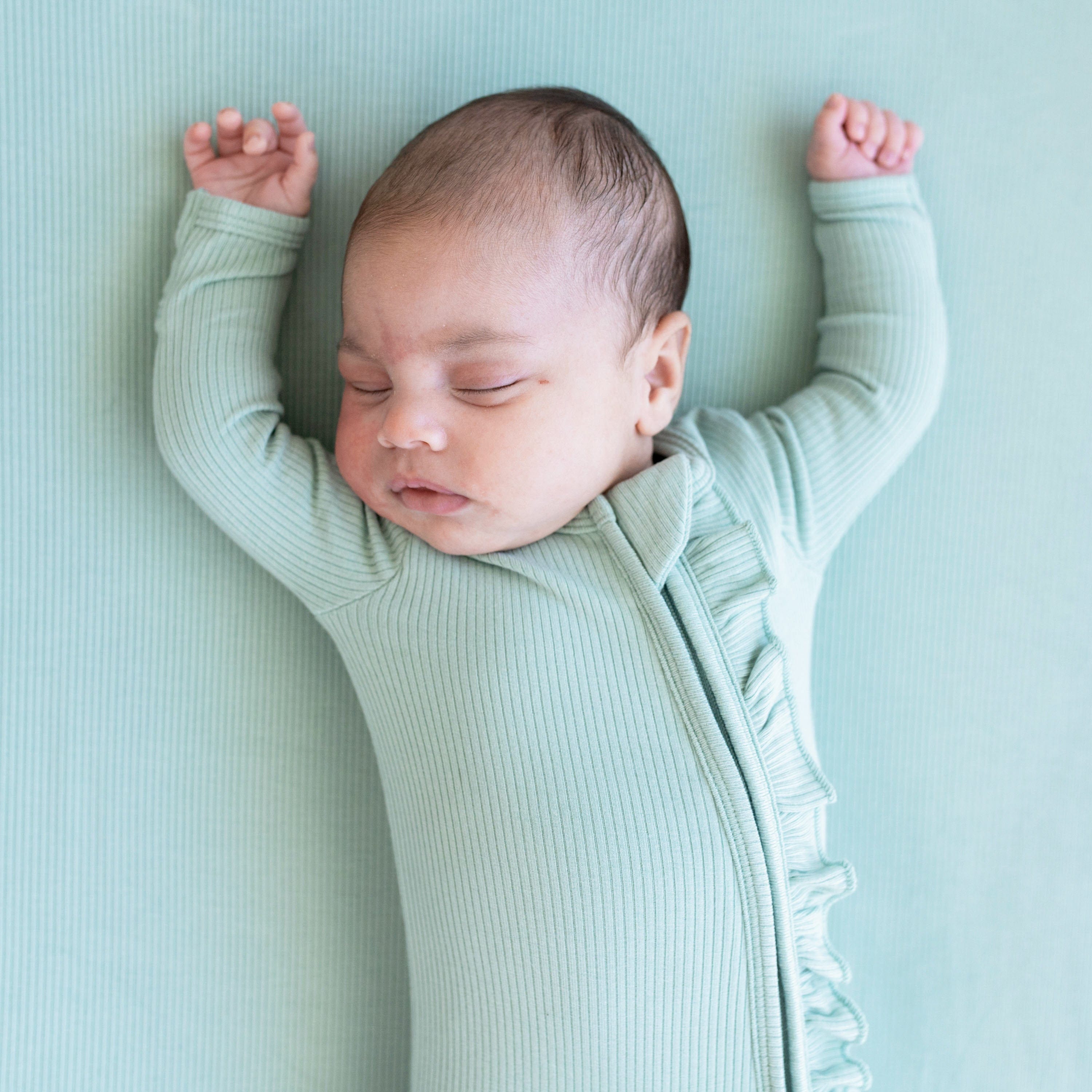  Ribbed Ruffle Zipper Footie in Sage、mySite、layawaytickets