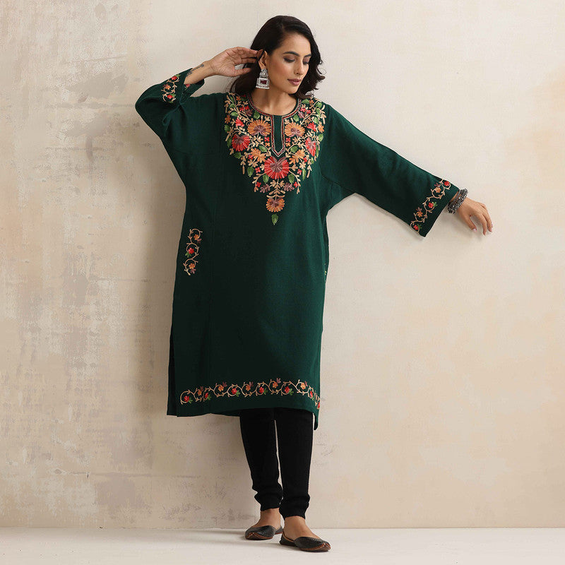 Woolen Kurta For Women | Kashmiri Embroidered | Green、mySite、camillekostekn