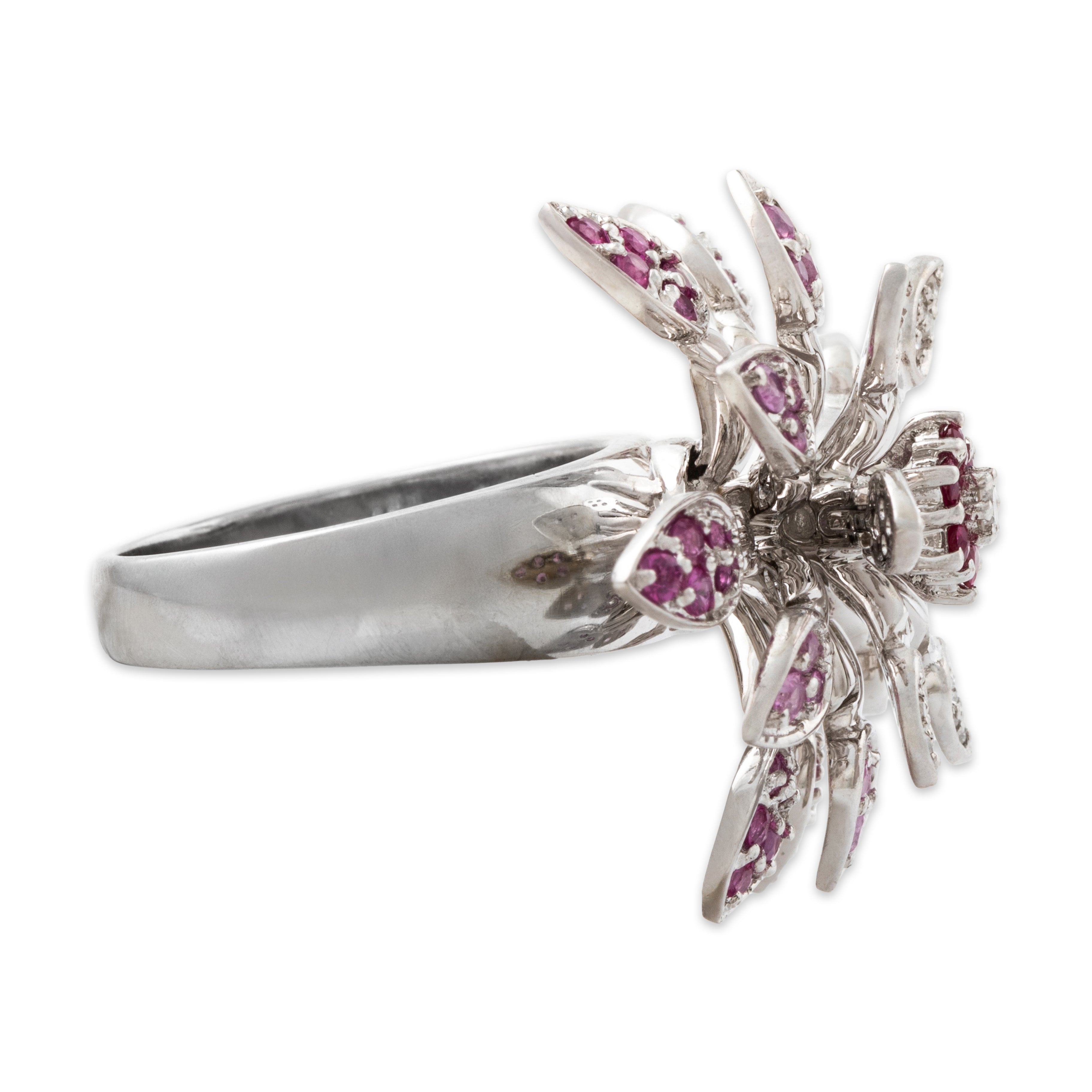 Vintage 18k White Gold Ruby 1.00cttw Pink Sapphire Spinning Flower Ring、mySite、hinf8tx79