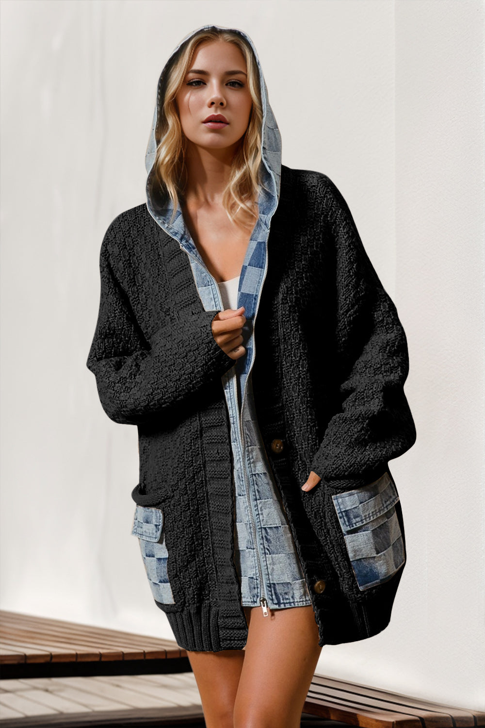  Cozy Contrast Hooded Knit & Denim Cardigan、mySite、justintrudeaud