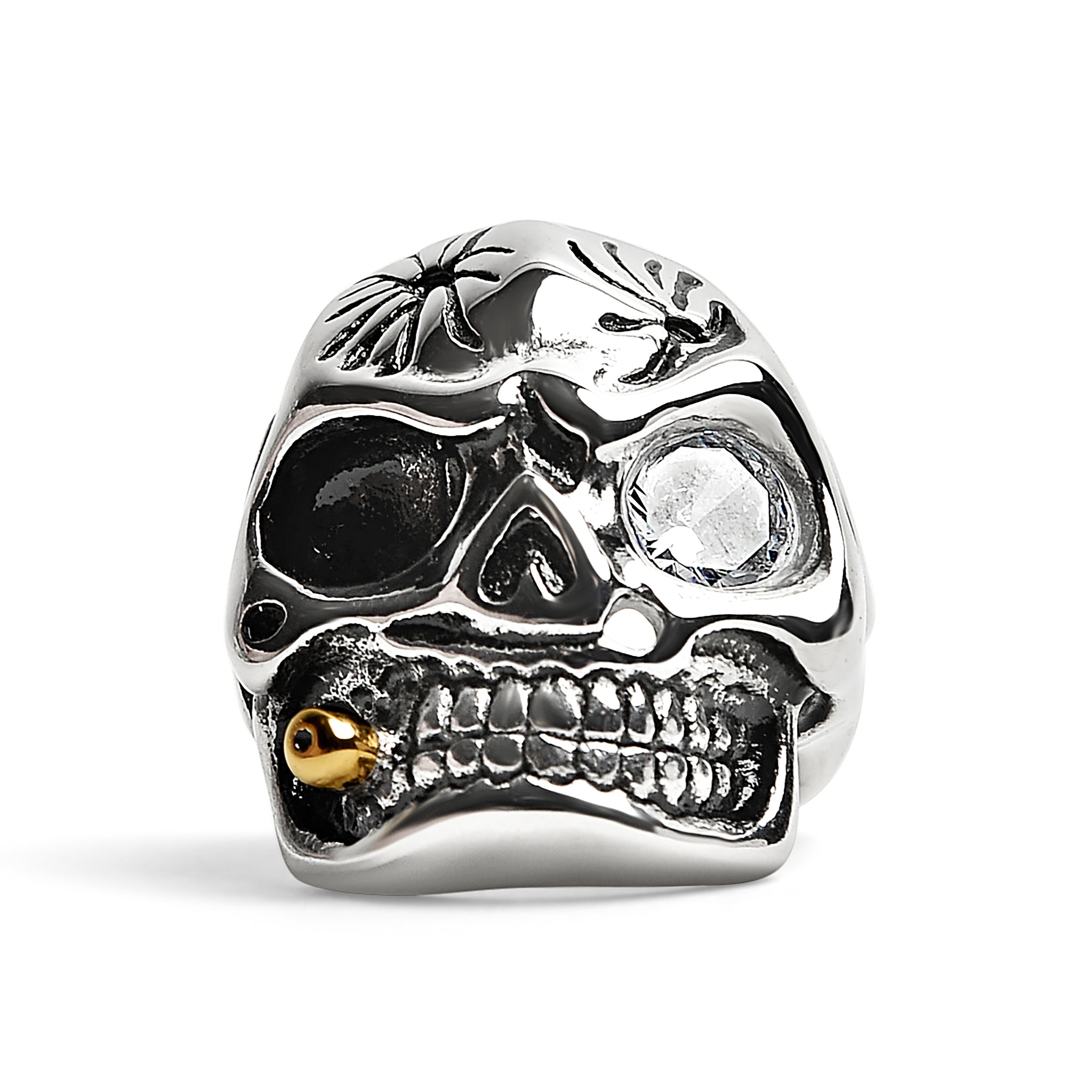 Stainless Steel Skull Smoking 18K Gold PVD Coated Cigar And Single CZ Eye Ring / SCR4047、mySite、dreamappss