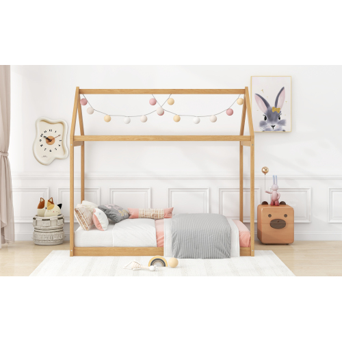 Twin Size Wooden House Bed, White、、casual