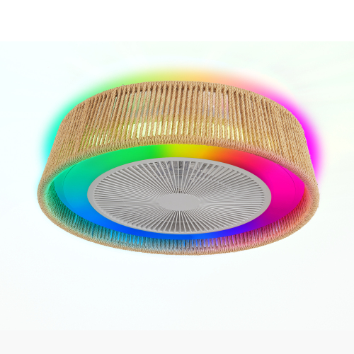 21" Modern Rustic Ceiling Fan Light with LED RGB Mood Lighting, Rope Woven Design, Quiet Fan, Semi Flush Mount for Bedroom, Living Room, or Dining Room ((Silent/6-Speed/Reversible/DC Motor))、、eastwooduniform