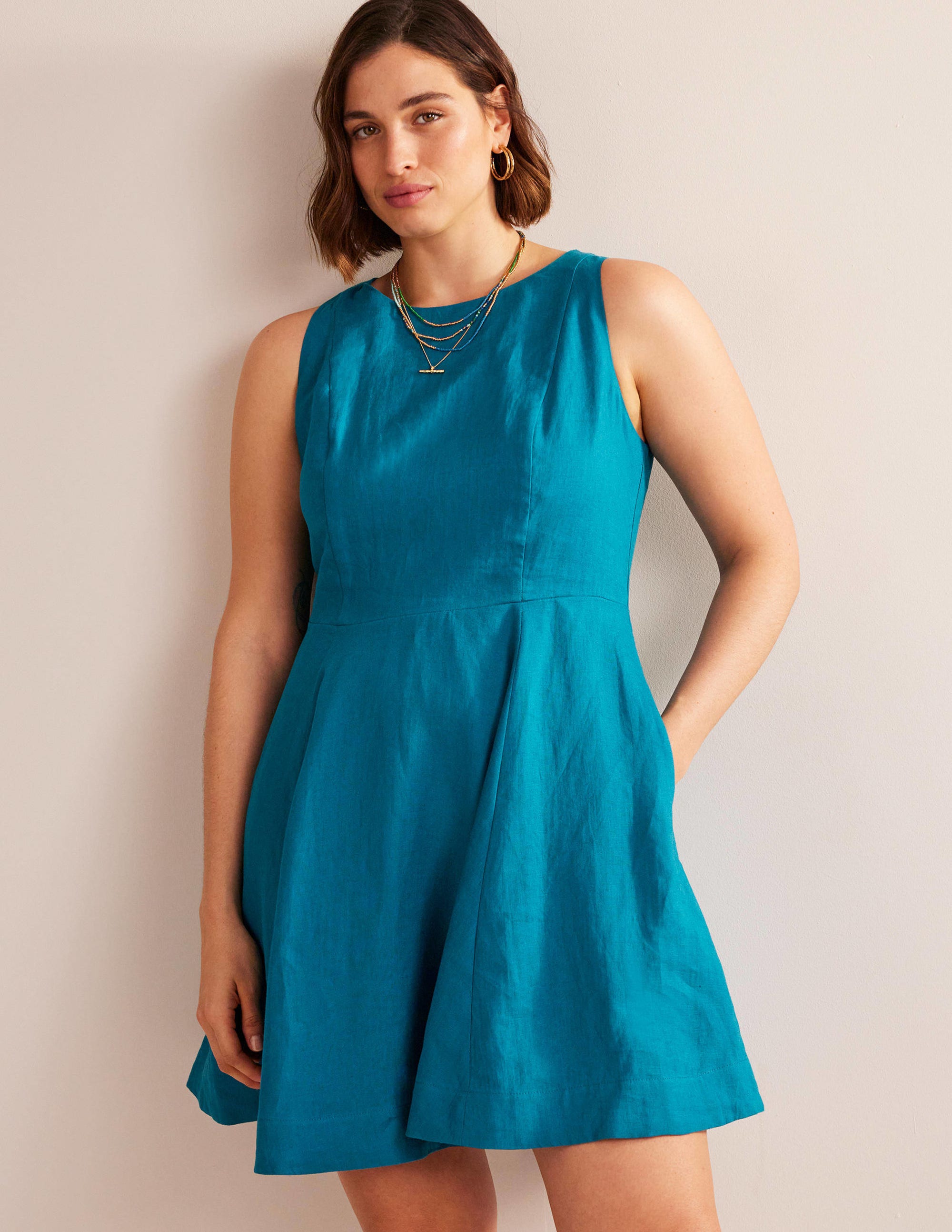  Fit-and-Flare Linen Mini Dress-Teal、mySite、ashleygrahame