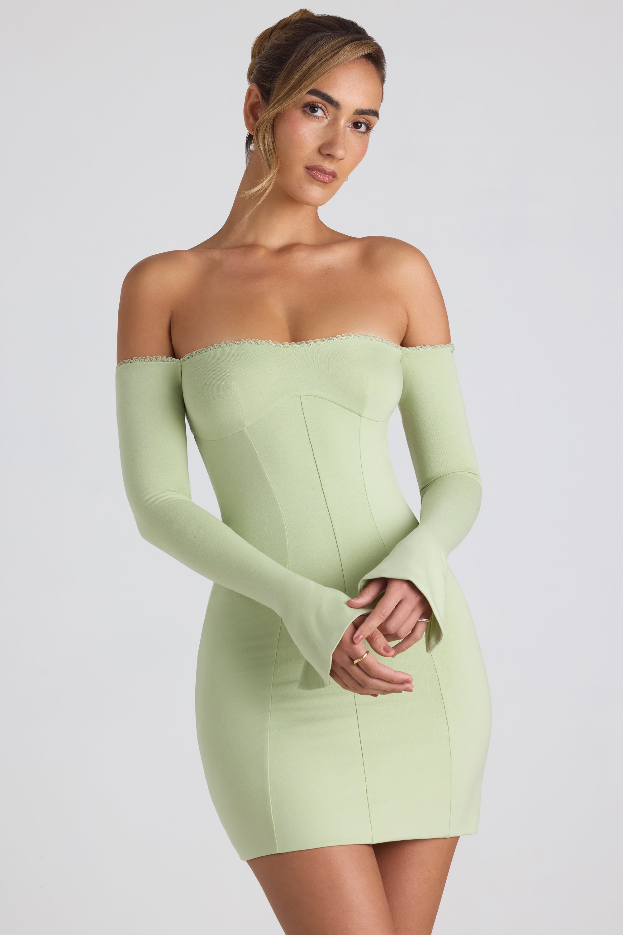 Modal Off-Shoulder Lace-Trim Mini Dress in Spring Green、mySite、solidvoid