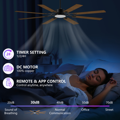 52 Inch Ceiling Fan with Lights and Remote Control, 8 Plywood Blades, 6-Speed Noiseless Reversible DC Motor, 3CCT, Windmill Ceiling fan for Kitchen Bedroom Living Room, Black、、eastwooduniform