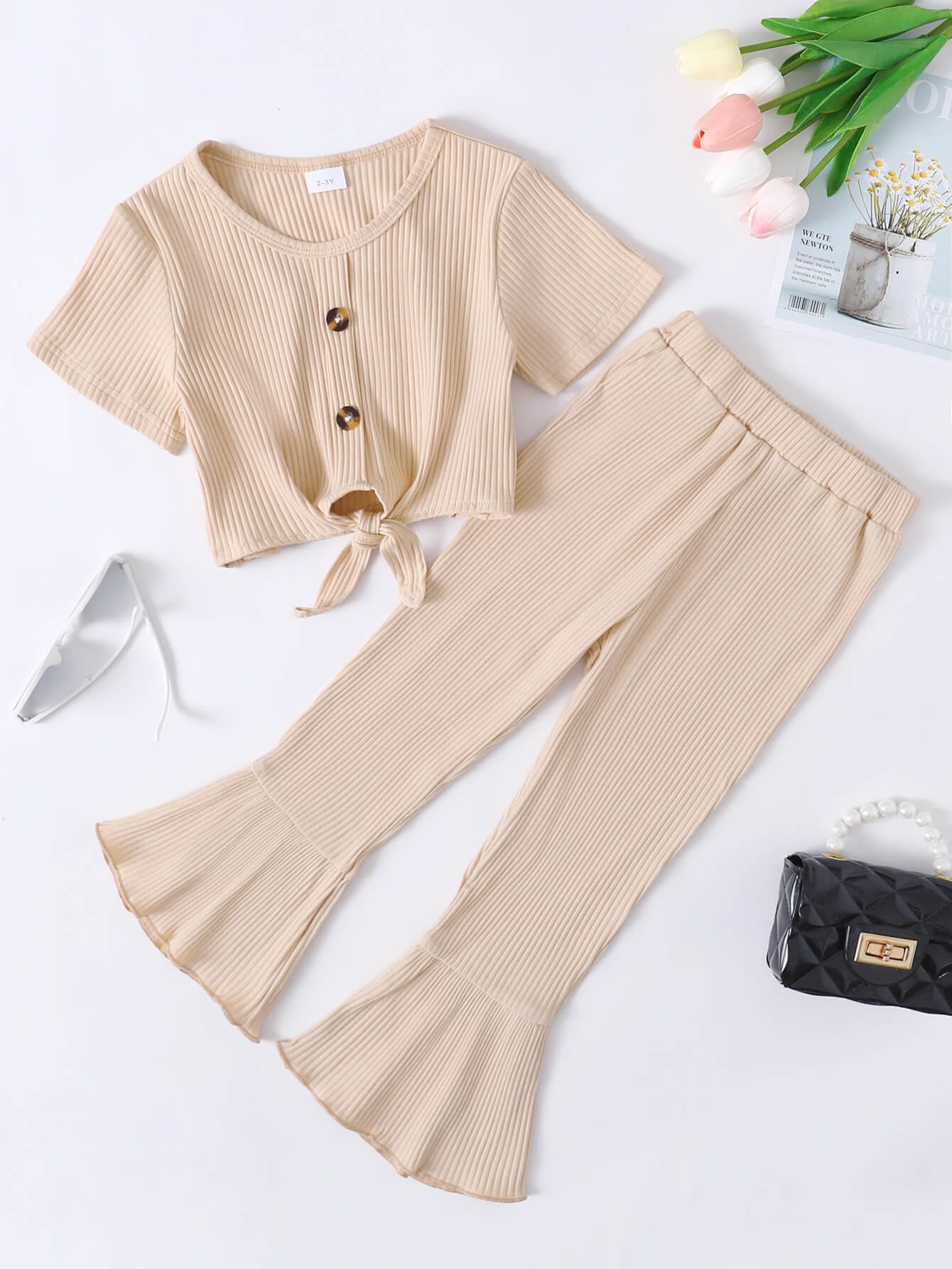 Girls Ribbed Buttoned Top and Flare Pants Set、mySite、g9winljtr