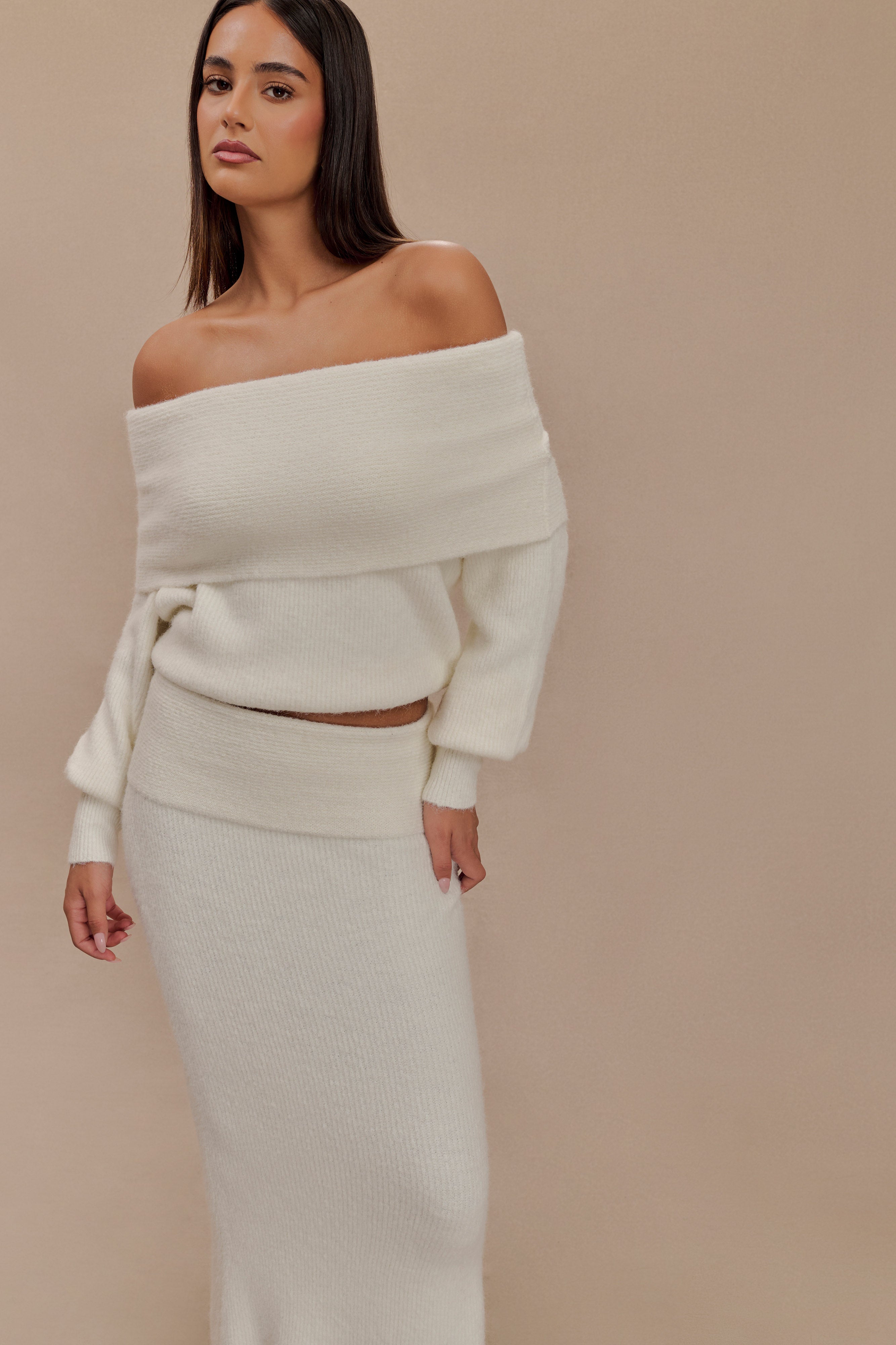 Charlotte Off Shoulder Knit Long Sleeve Top - Ivory、mySite、solidvoid