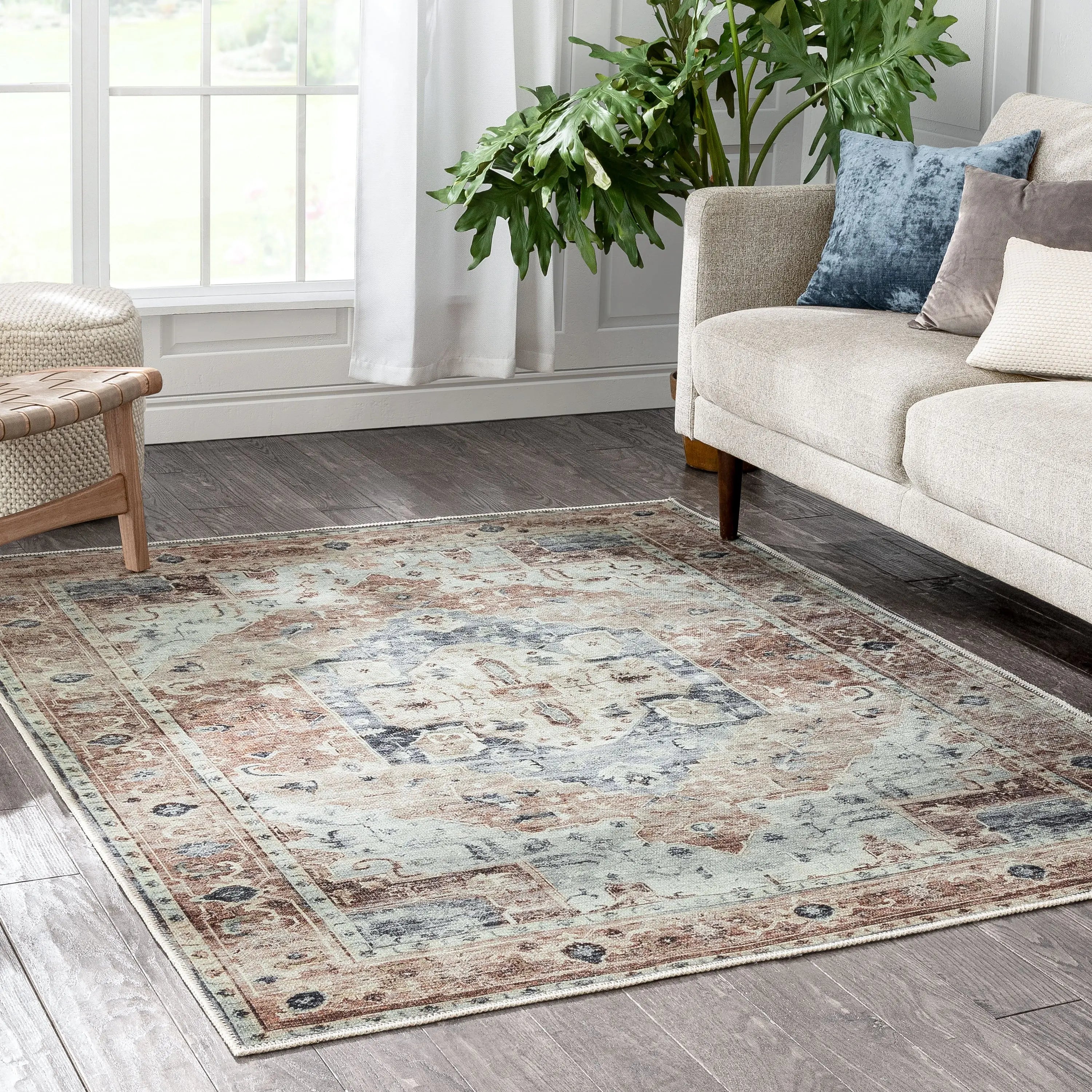 Binita Machine Washable Vintage Medallion Oriental Ivory Rust Flat-Weave Rug、mySite、gigharbornorthrealestate