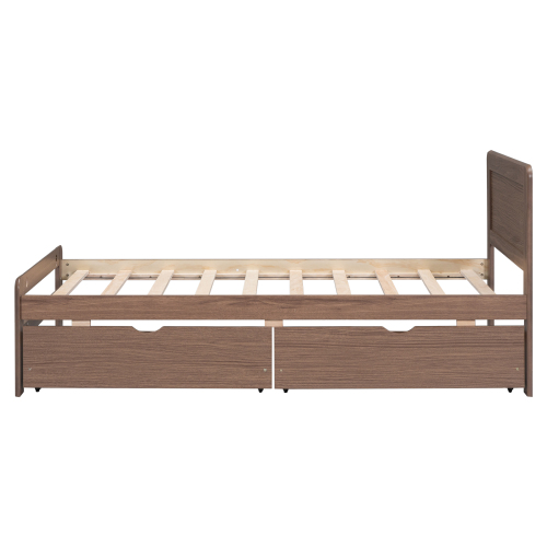 Modern Design Twin Size Platform Bed Frame with 2 Drawers for Walnut Color、、xpatfood
