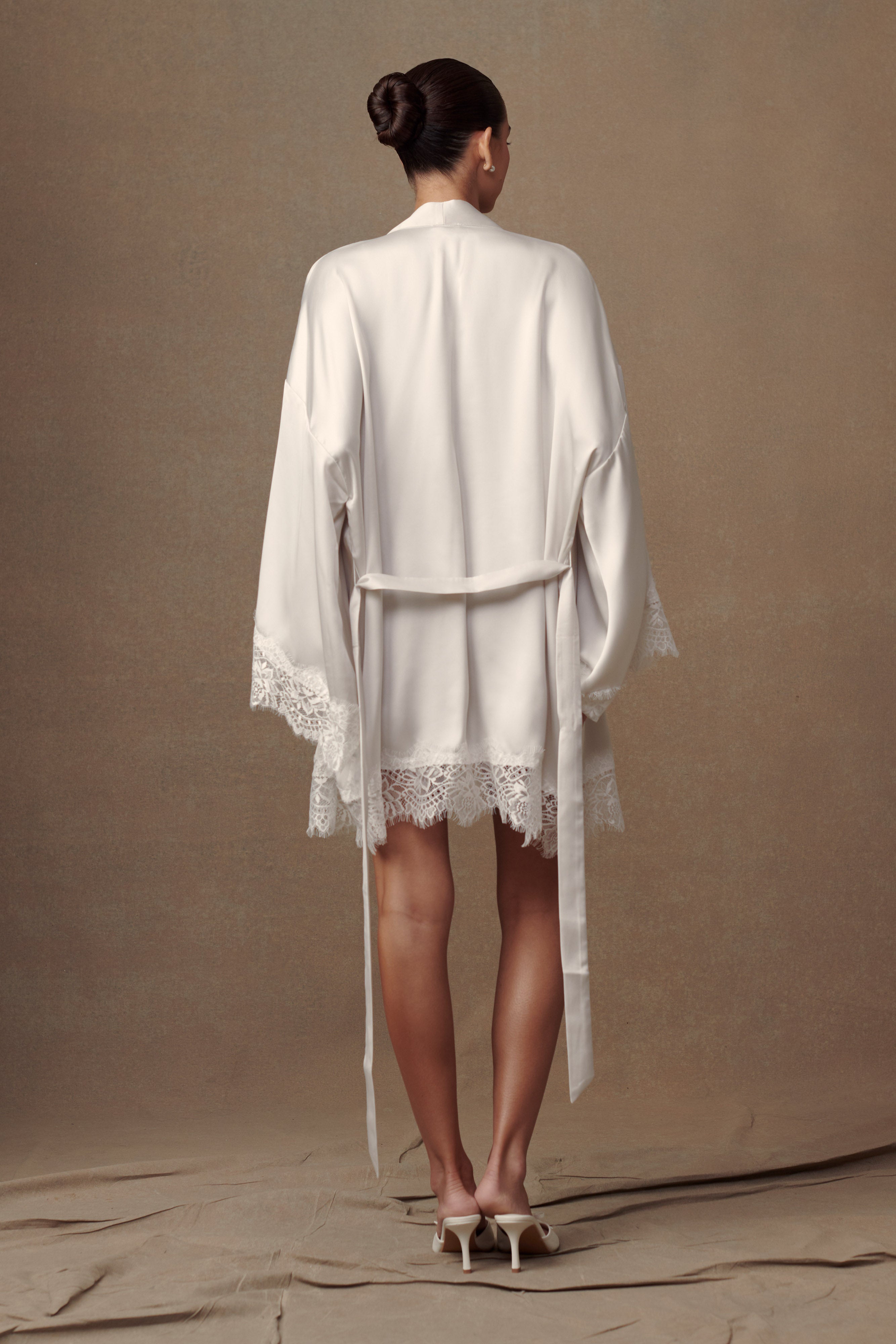 Annabeth Lace Trim Bridal Robe - White、mySite、solidvoid