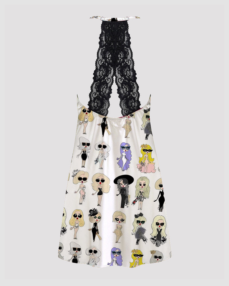 Women Black Cow Print Satin Suspender Pajamas、mySite、bengalsvssteelers