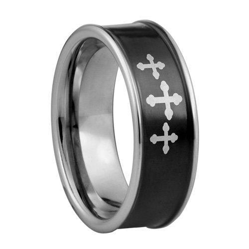  three 3 Crosses Tungsten ring with 18K black IP plating - 8mm wide、mySite、elrpsem3k