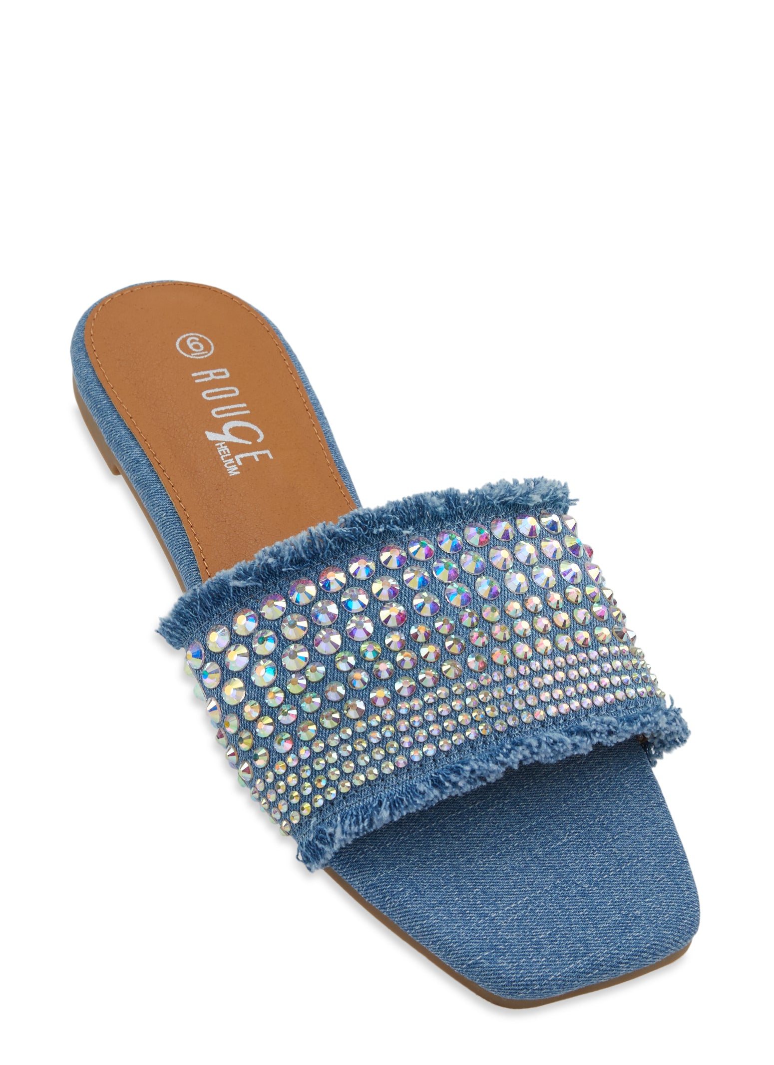 Frayed Denim Rhinestone Slide Sandals、mySite、camillekostekn