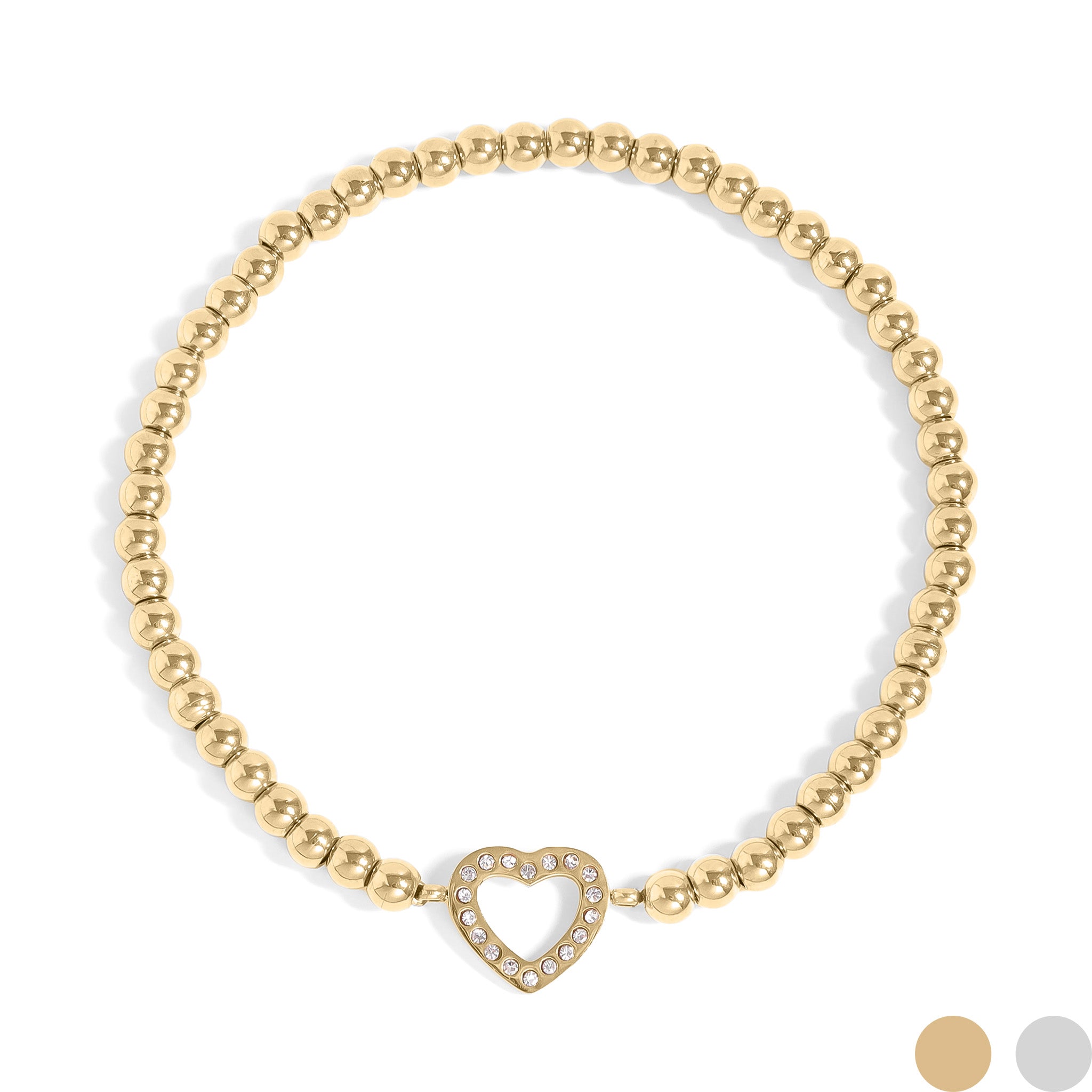 18K Gold PVD Stainless Steel Stone Heart Metal Beaded Stretch Bracelet / BRJ1016、mySite、dreamappss