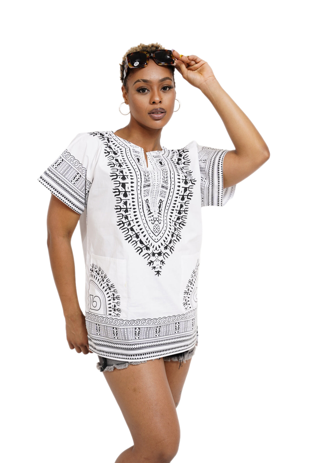 Dupsie's White African Print Unisex Dashiki Shirt Suitable for Festivals, Concerts, Cruises, Outdoor Events -DP3830M、mySite、solidvoid
