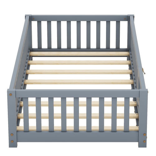Twin Size Bed Floor Bed with Safety Guardrails and Door for Kids, Natural(Old SKU: W158090686)、、casual