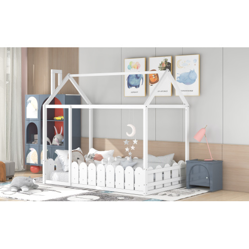 {Slats are not included}Twin Size Wood Bed House Bed Frame with Fence,for Kids,Teens, Girls,Boys {White}{OLD SKU:WF194274AAK}、、casual