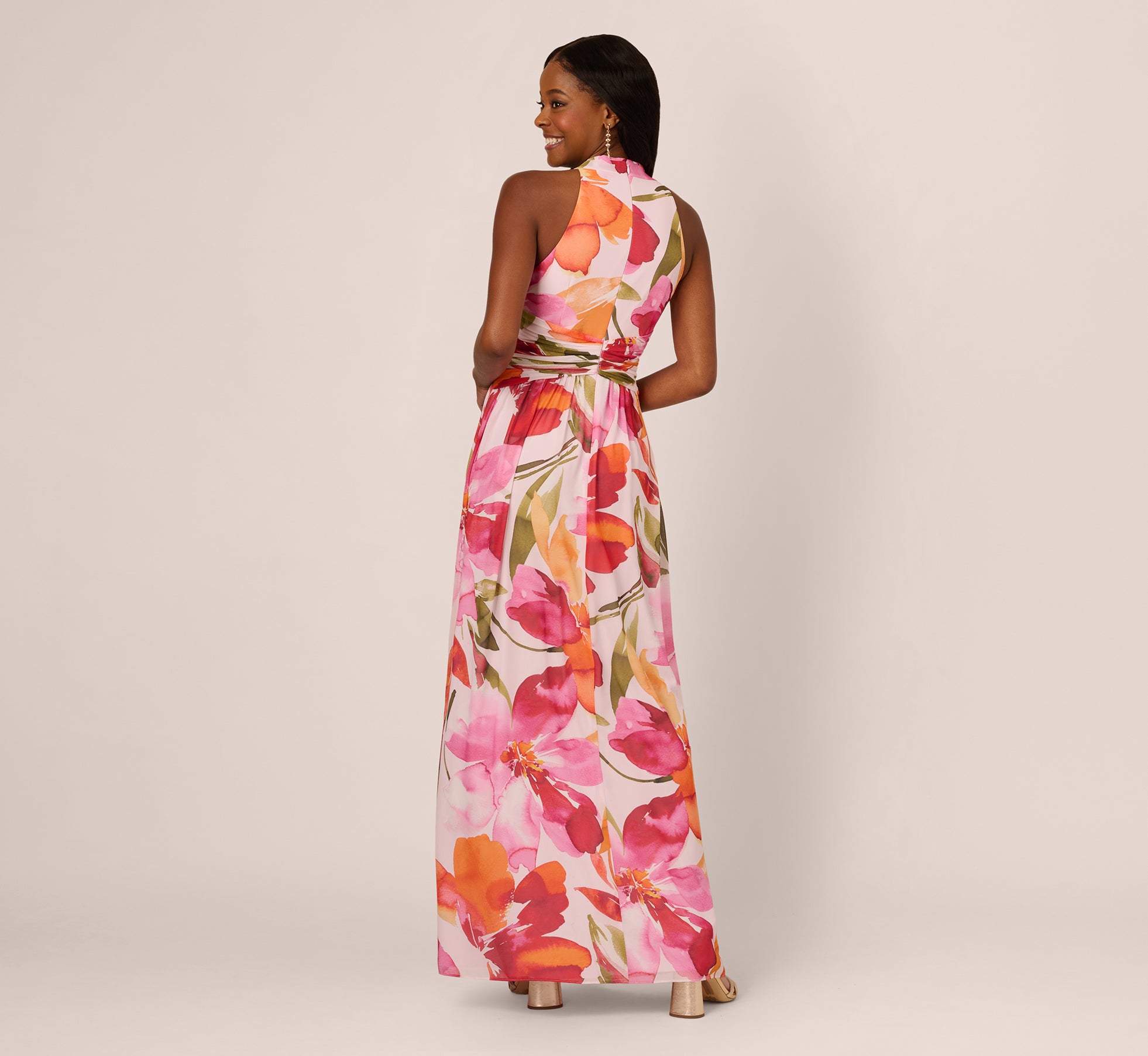 Sleeveless Surplice Floral Chiffon Gown In Pink Orange Multi、mySite、solidvoid