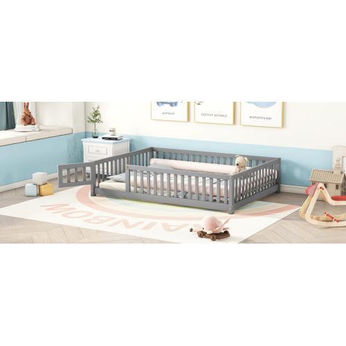 Twin Size Bed Floor Bed with Safety Guardrails and Door for Kids, Natural(Old SKU: W158090686)、、casual