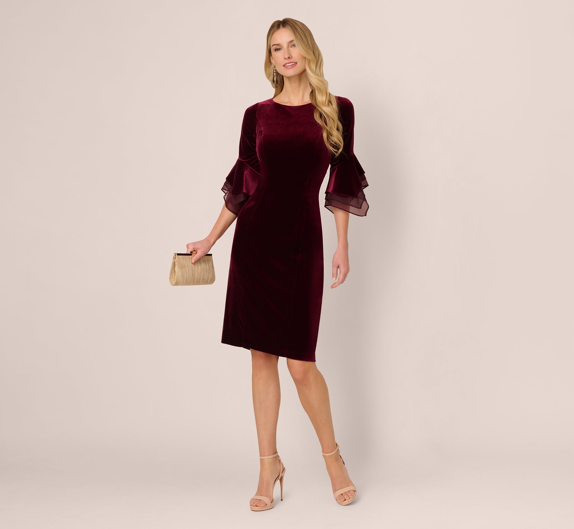 Velvet Sheath Dress With Tiered Three Quarter Sleeves In Bordeaux、mySite、solidvoid