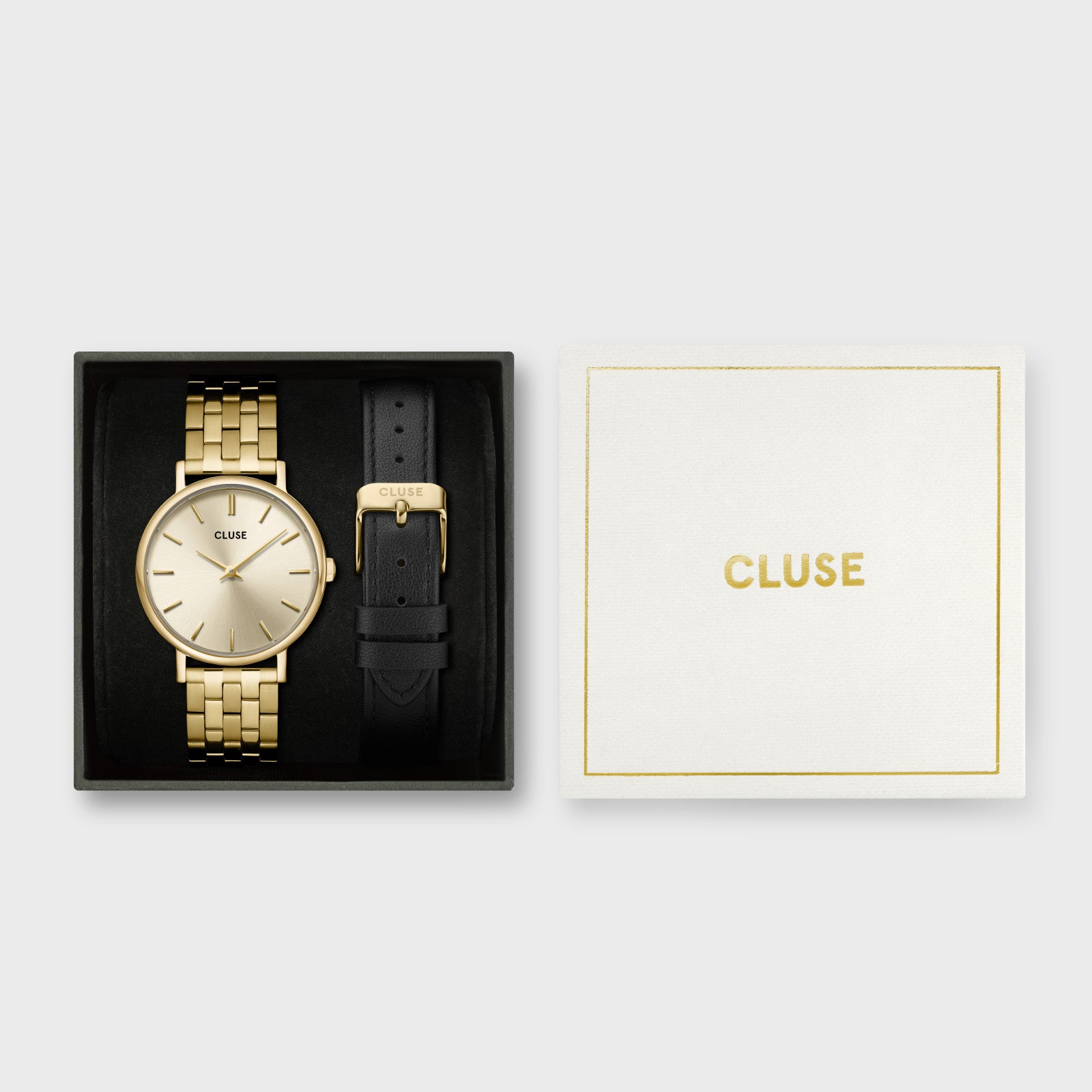  Gift Box Pavane Petite 2.0 Watch Steel, Gold Colour & Black Leather Strap
