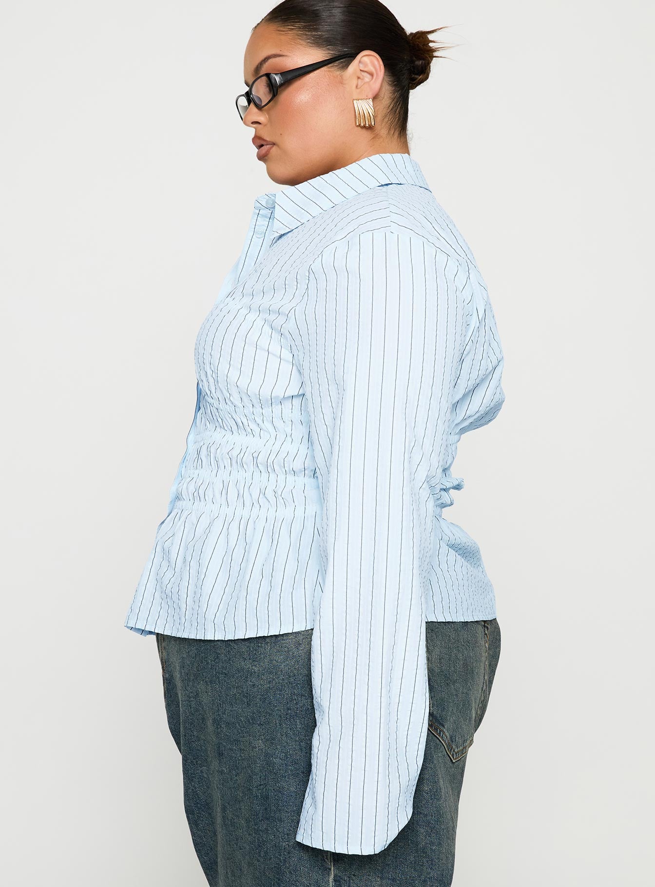 Liesel Shirred Long Sleeve Top Stripe Curve、mySite、solidvoid