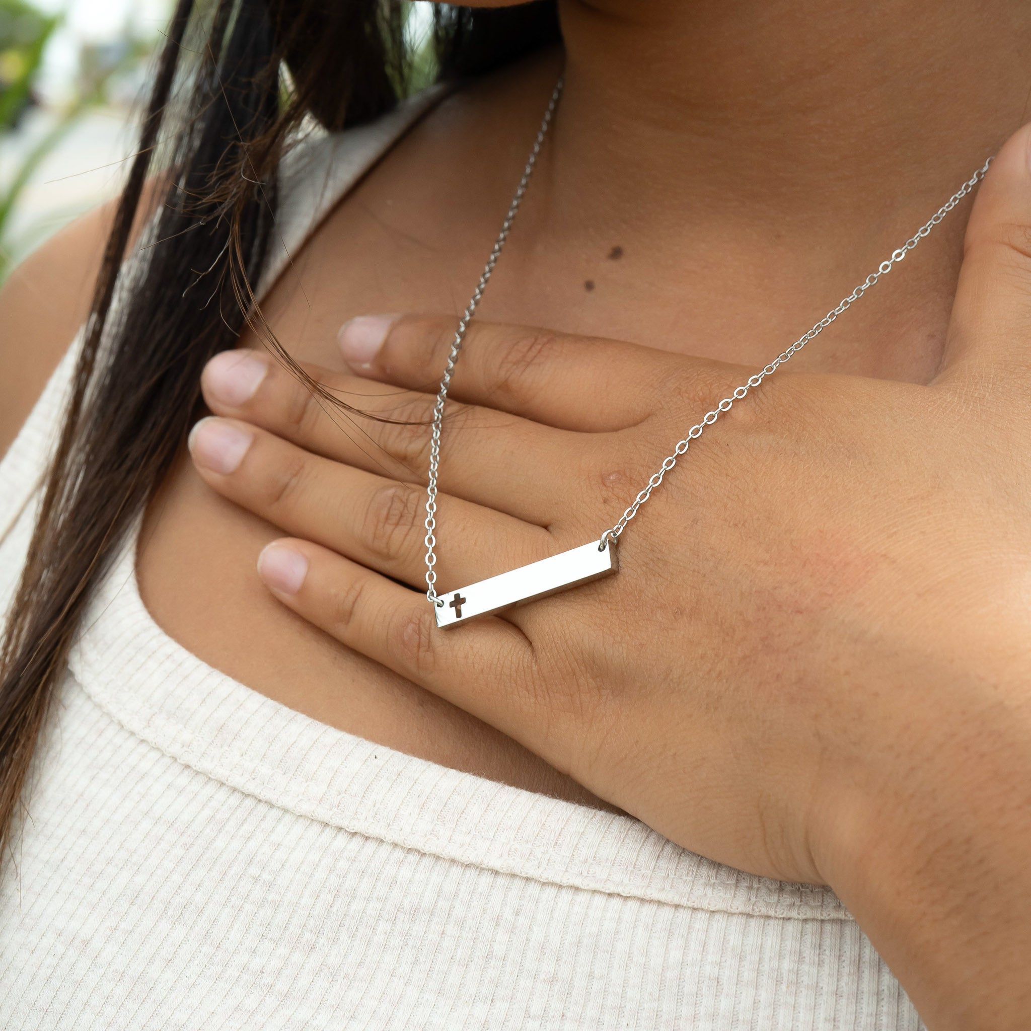 18K Gold PVD Stainless Steel Cutout Cross Blank Bar Necklace / SBB00106、mySite、dreamappss