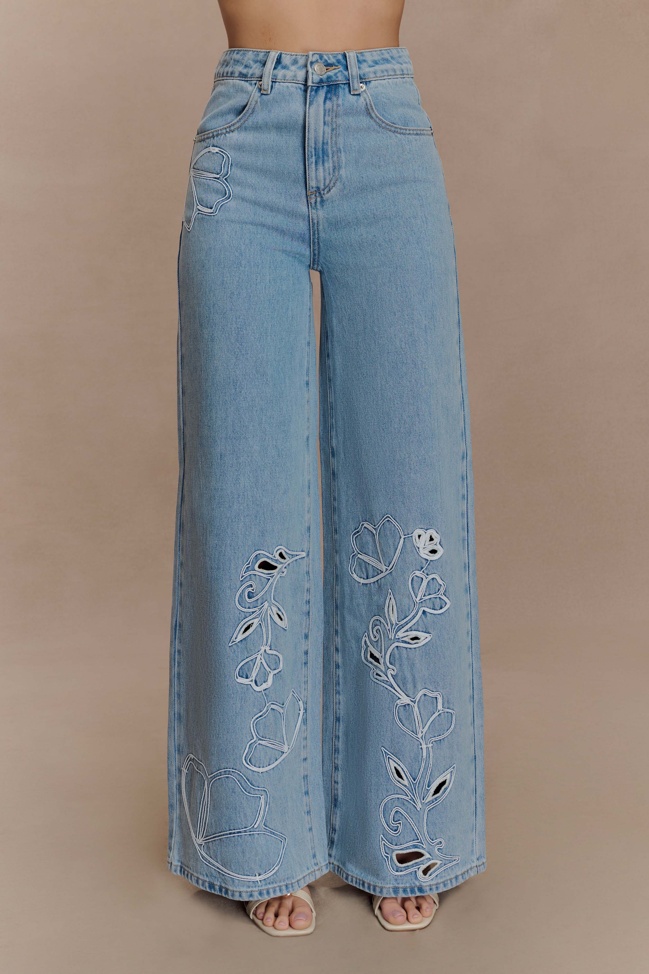 Carmella Embroided Straight Leg Jeans - Mid Blue、mySite、solidvoid