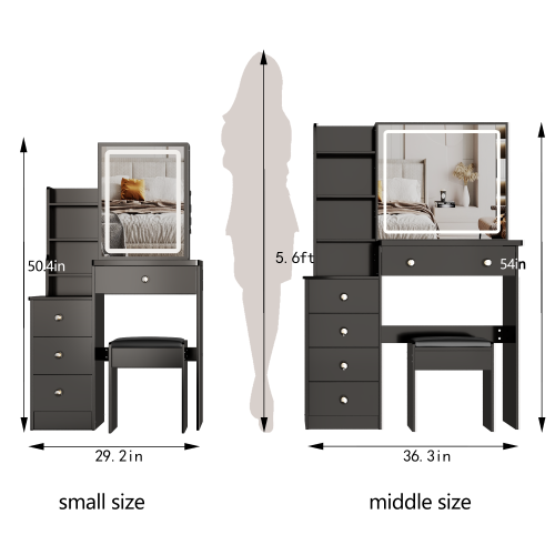 29.2" Small Size Left Bedside Cabinet Vanity Table + Cushioned Stool, Large Sliding, Touch Control, Tri-color Switching, Brightness Adjust LED Mirror, High Capacity Storage, Suitable for Small Space、、xpatfood