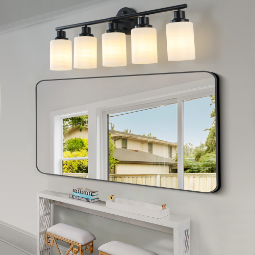 39" Modern 6-Light Vanity Bathroom Mirror Light, Frosted White Glass with Black Iron Frame, Contemporary Wall Sconce for Bedroom, Bathroom, and Dressing Room (No Bulbs)、、eastwooduniform