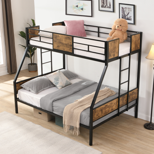 Twin Over FULL Metal Bunk Bed with 2 - Side Ladder and Full-Length Guardrail, No Box Spring Needed, Large Under Bed Storage, Easy Assemble , Black & Brown、、casual