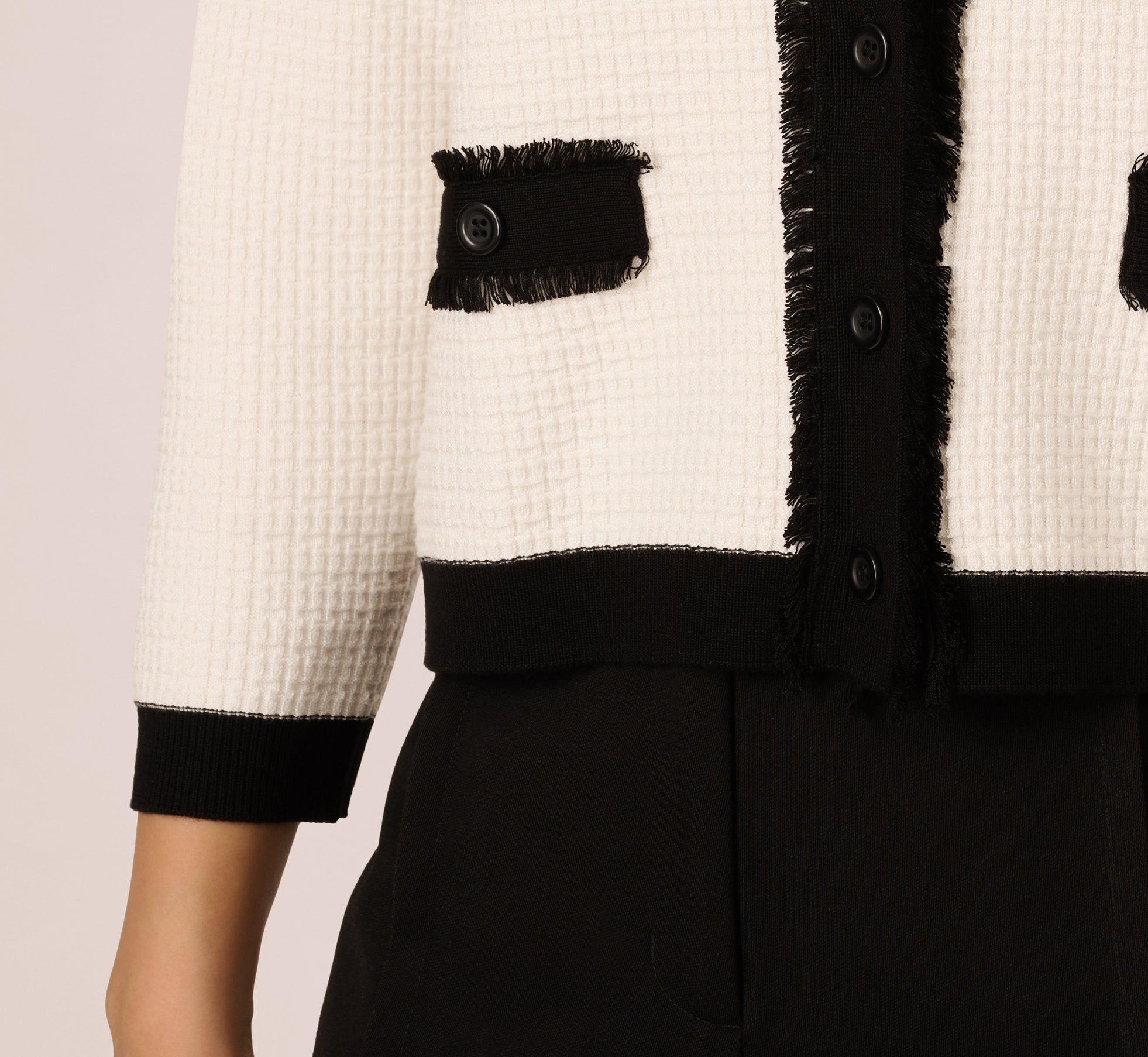Waffle Knit Fringe Trim Cardigan In Ivory Black、mySite、solidvoid