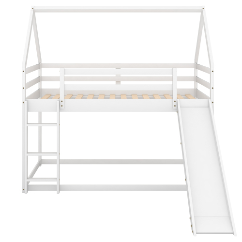 Twin Size Bunk House Bed with Slide and Ladder,Gray、、casual